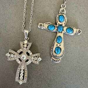 Silver Tone Cross Necklace Bundle | Faux Turquoise | Set of 2